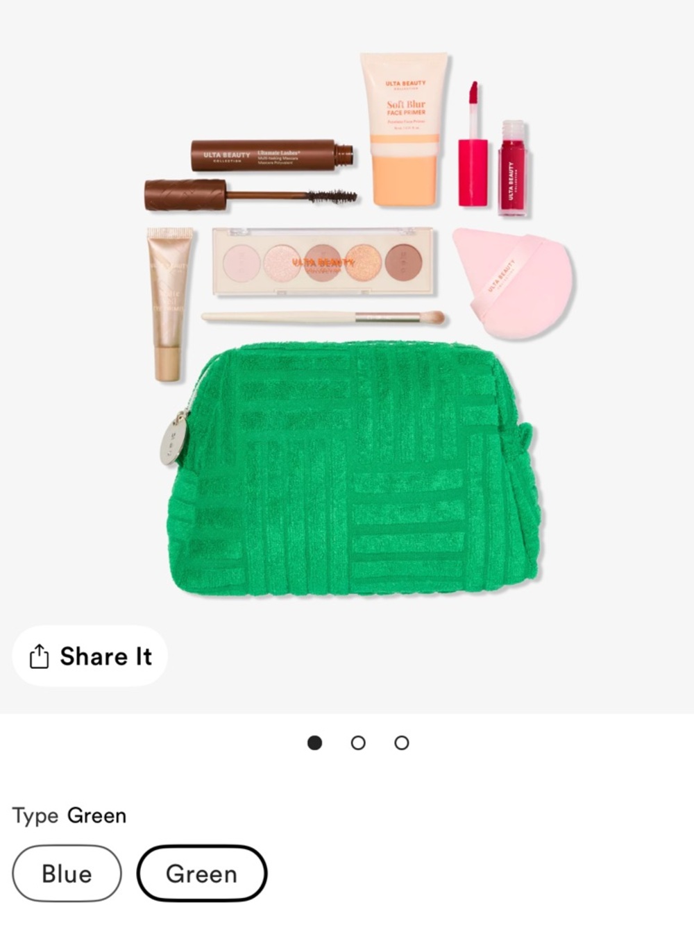 ULTA Green Textured Makeup Pouch with Silver Zipper Charm (includes all makeup)